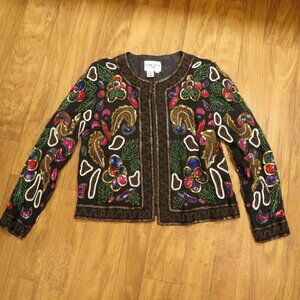 Joan Leslie Evenings Beaded Sequined Long sleeved Silk Jacket Womans Large
